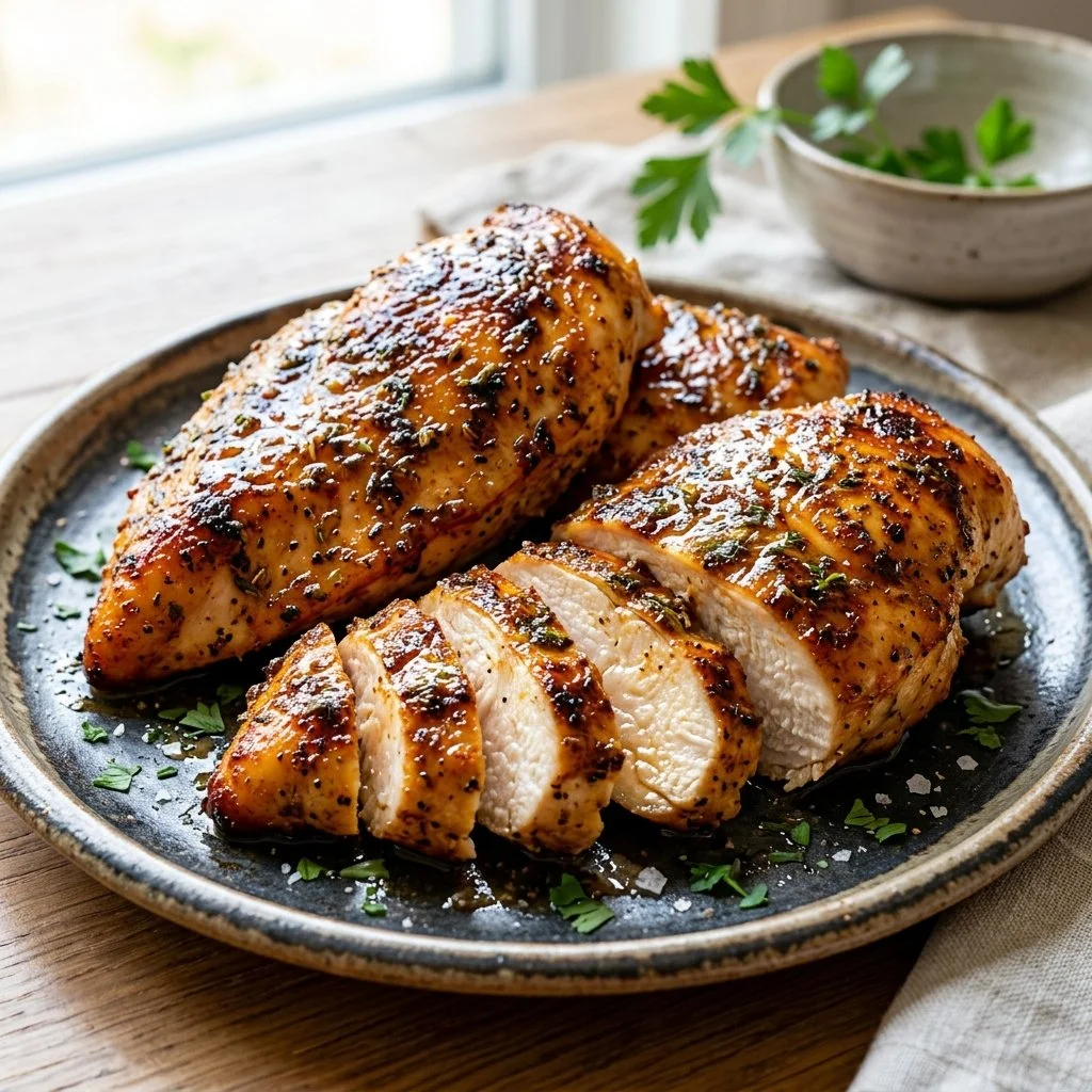 Juicy air fryer chicken breast served on a plate with herbs and spices
