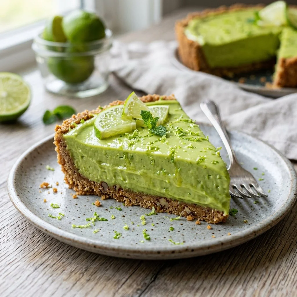 Delicious avocado lime no-bake pie topped with fresh lime slices