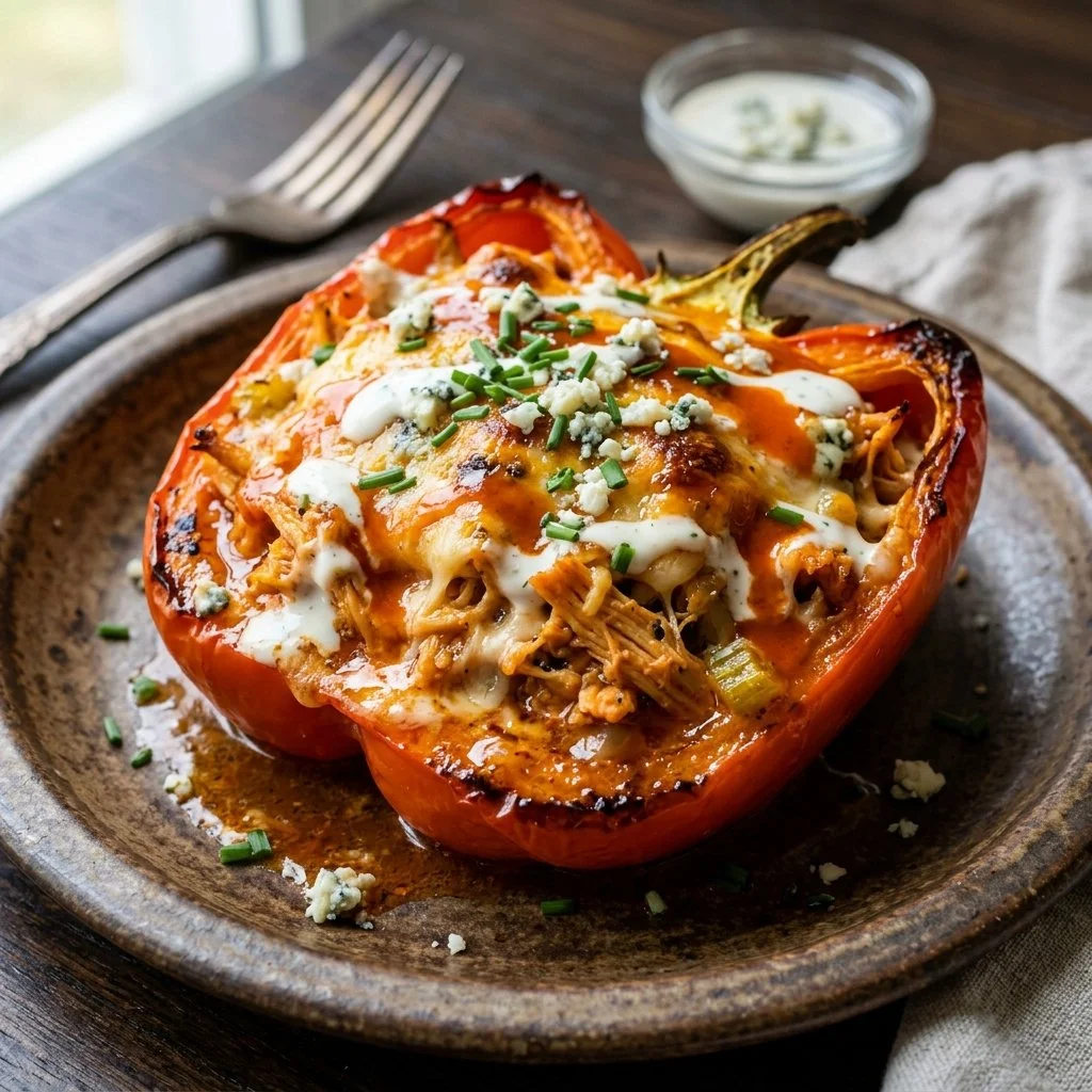 Buffalo Chicken Stuffed Peppers baked and garnished, ready to serve.