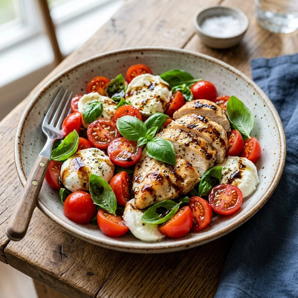 Fresh Caprese Chicken Salad with tomatoes, basil, and mozzarella on a plate.