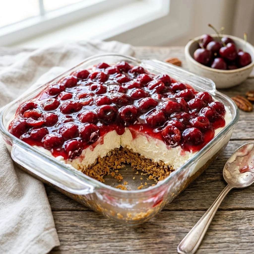 Delicious Cherry Delight dessert topped with fresh cherries