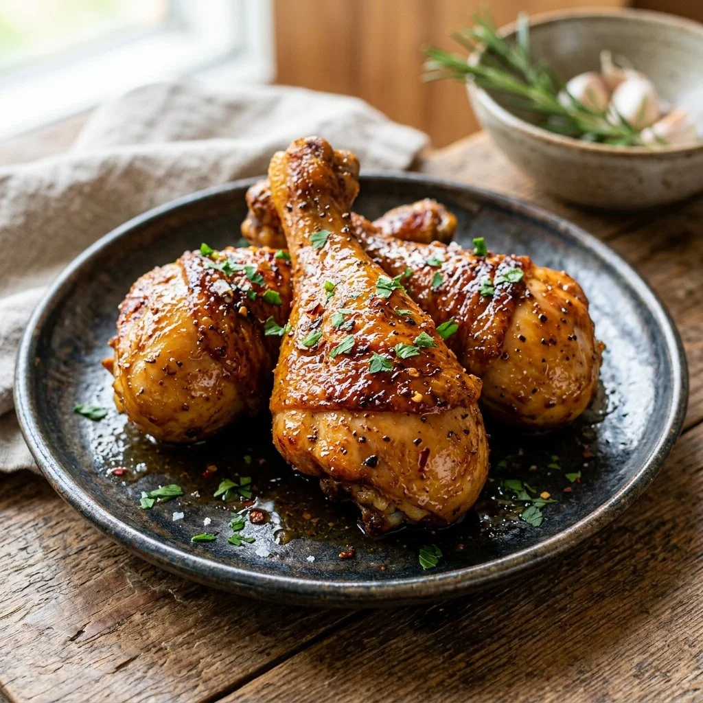 Oven-baked chicken drumstick served with herbs and spices