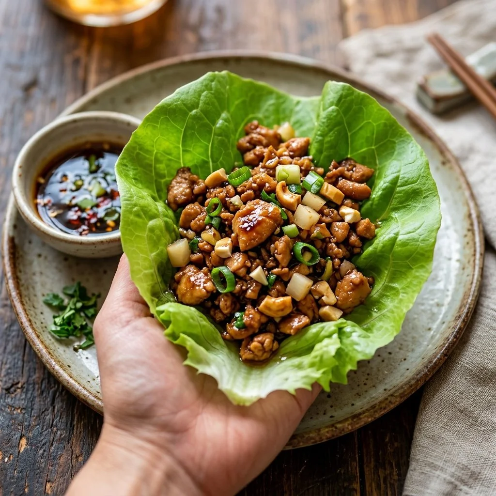 Delicious chicken lettuce wraps served on a plate with colorful veggies.