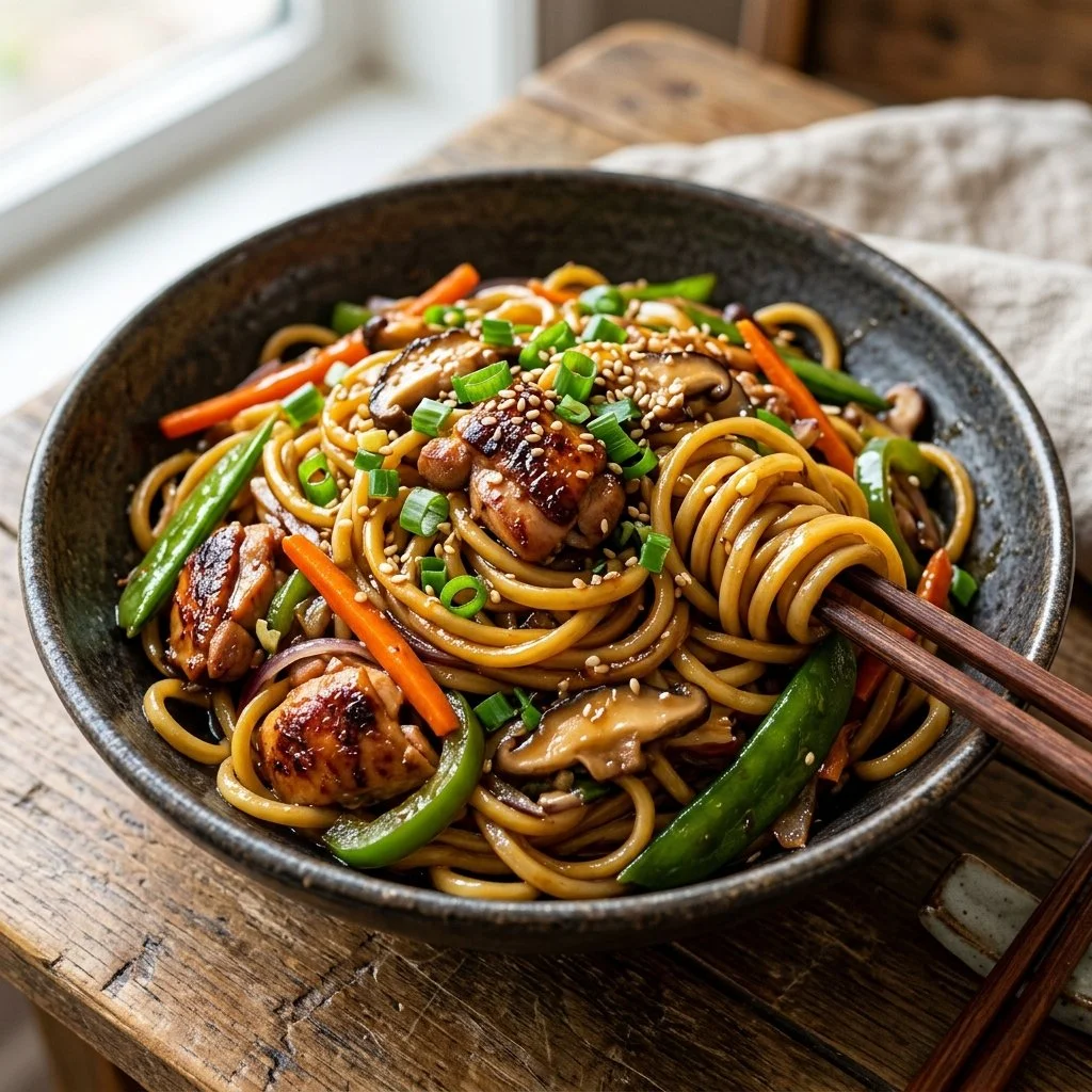 Delicious chicken stir fry noodles with vegetables in a wok