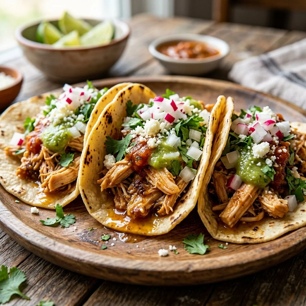 A plate of delicious chicken street tacos garnished with fresh ingredients.