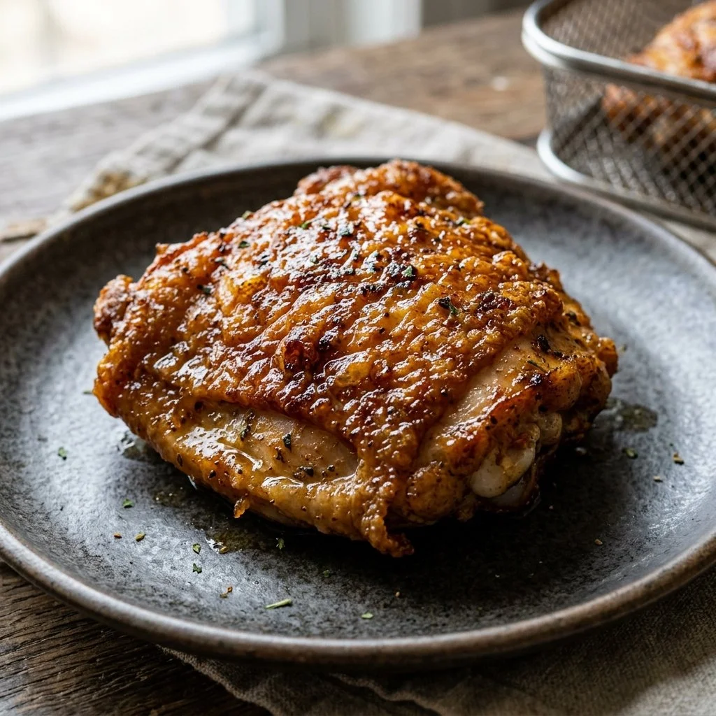 Crispy air fryer chicken thighs on a plate garnished with herbs
