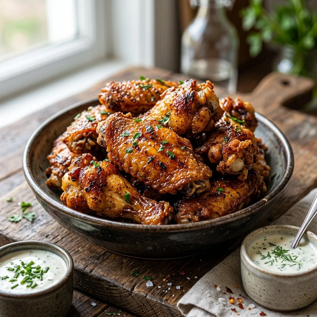 Crispy baked wings served with dipping sauce