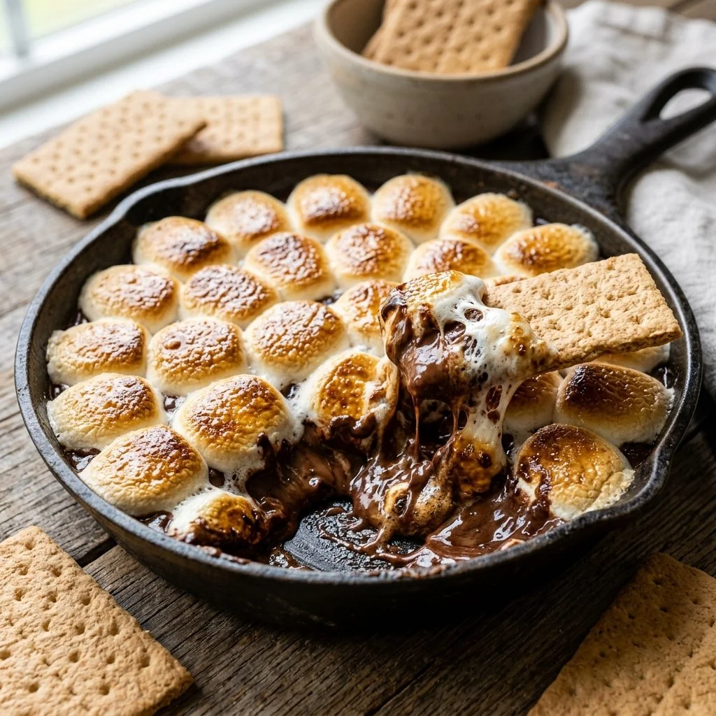 Delicious Easy S'mores Dip served with graham crackers and chocolate