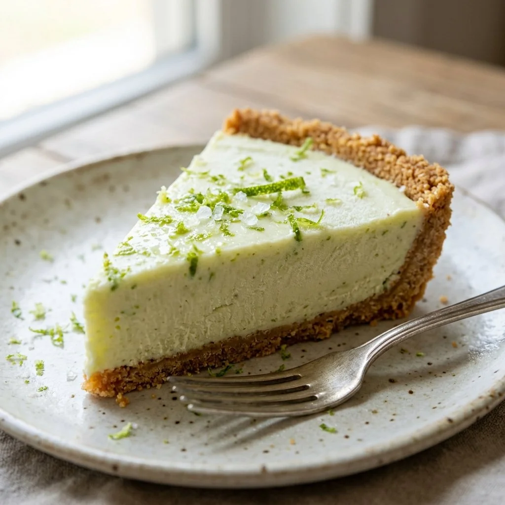 Delicious Frozen Margarita Pie topped with lime and served in a graham cracker crust