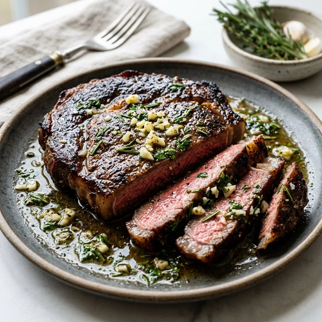 Juicy Garlic Herb Steak garnished with fresh herbs and spices.