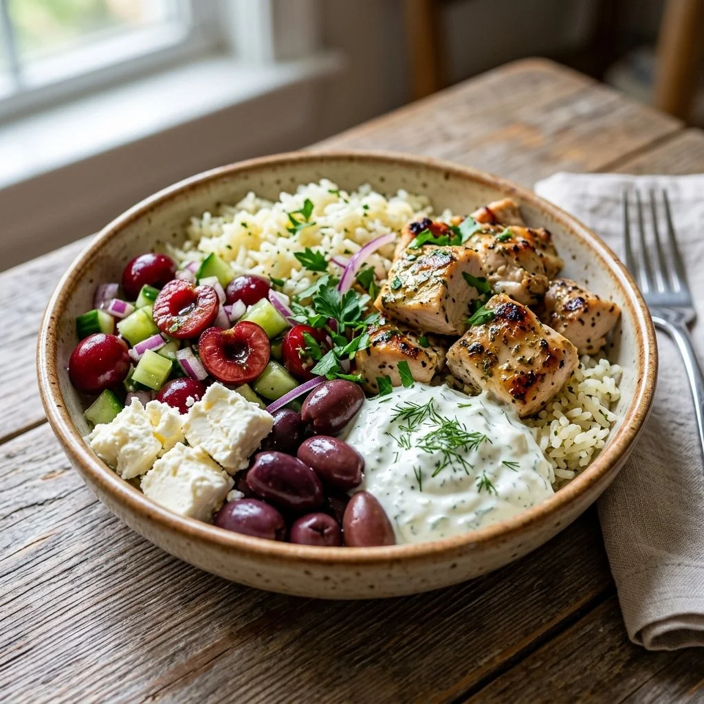 Healthy Greek Chicken Bowl with fresh vegetables and spices