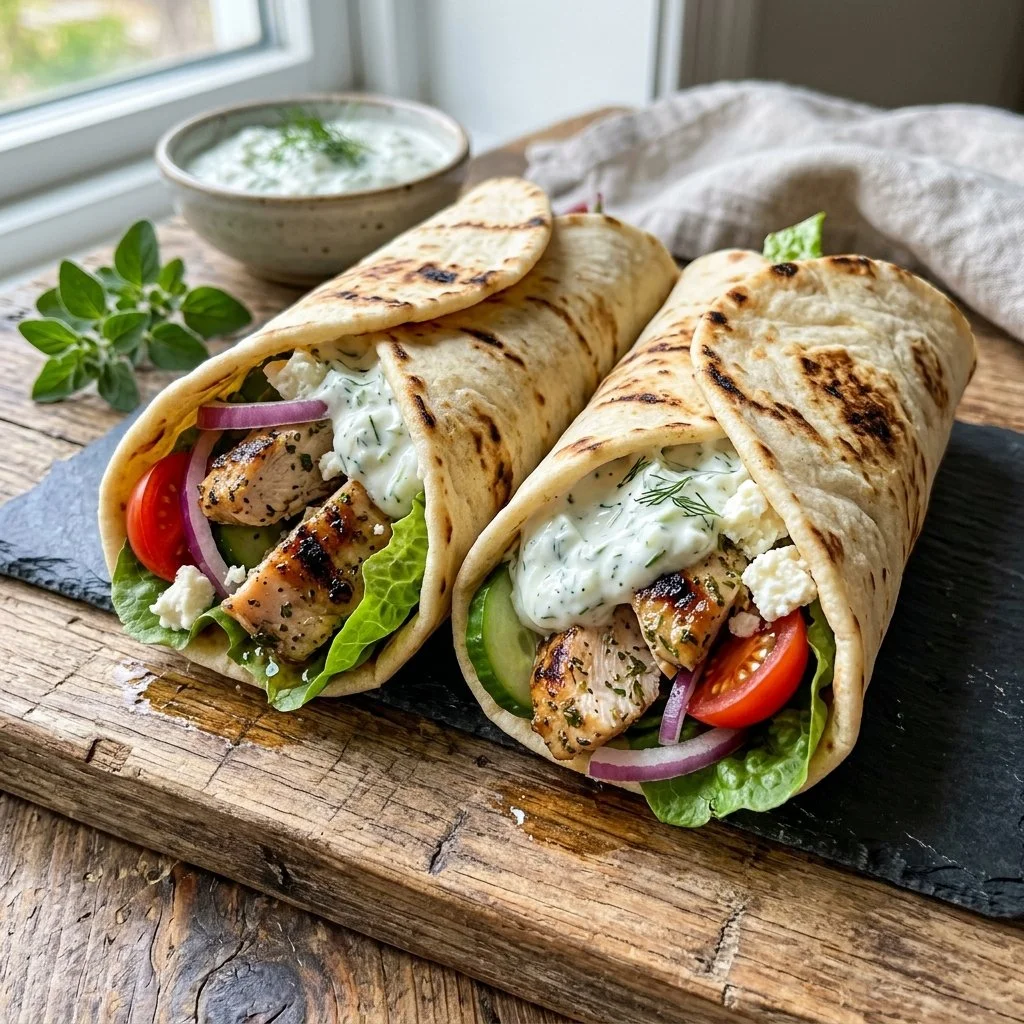 Greek Chicken Wrap filled with fresh vegetables and tasty dressing