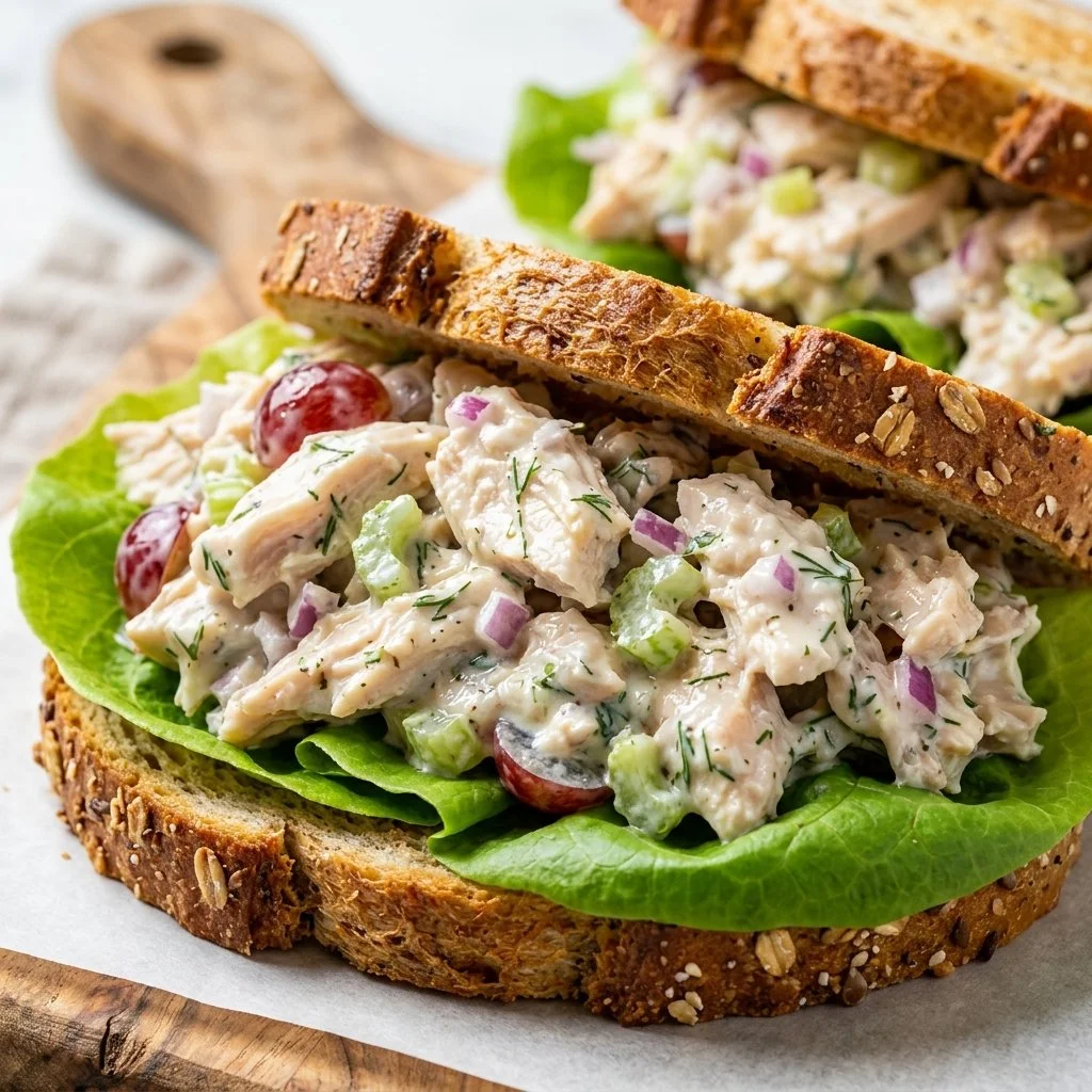 Greek yogurt chicken salad sandwich on a plate with fresh ingredients
