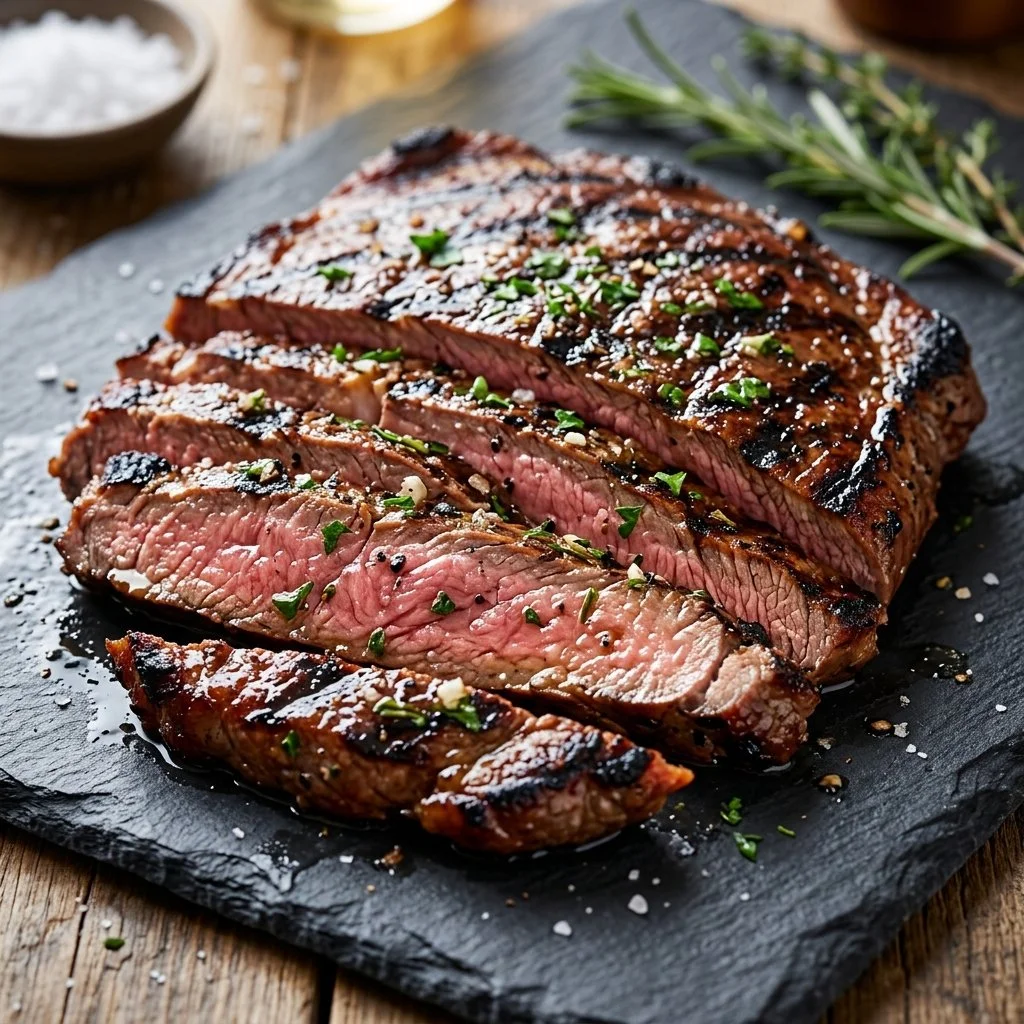 Delicious grilled flank steak on a cutting board with herbs and spices