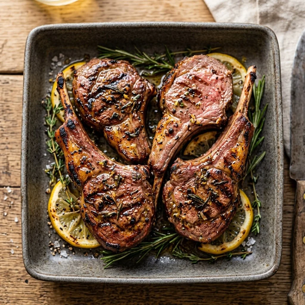 Juicy grilled lamb chops garnished with herbs and spices.
