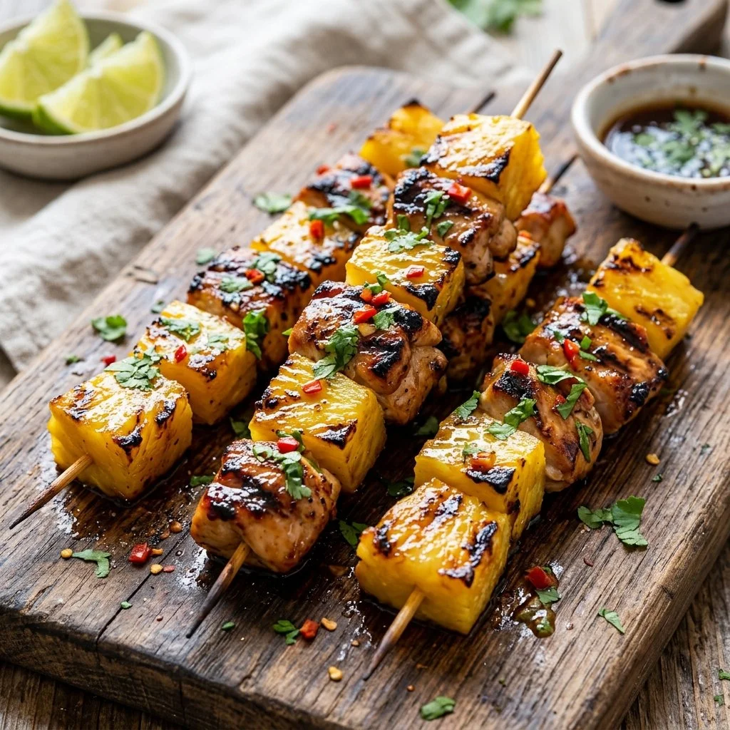 Grilled chicken skewers with pineapple on a plate