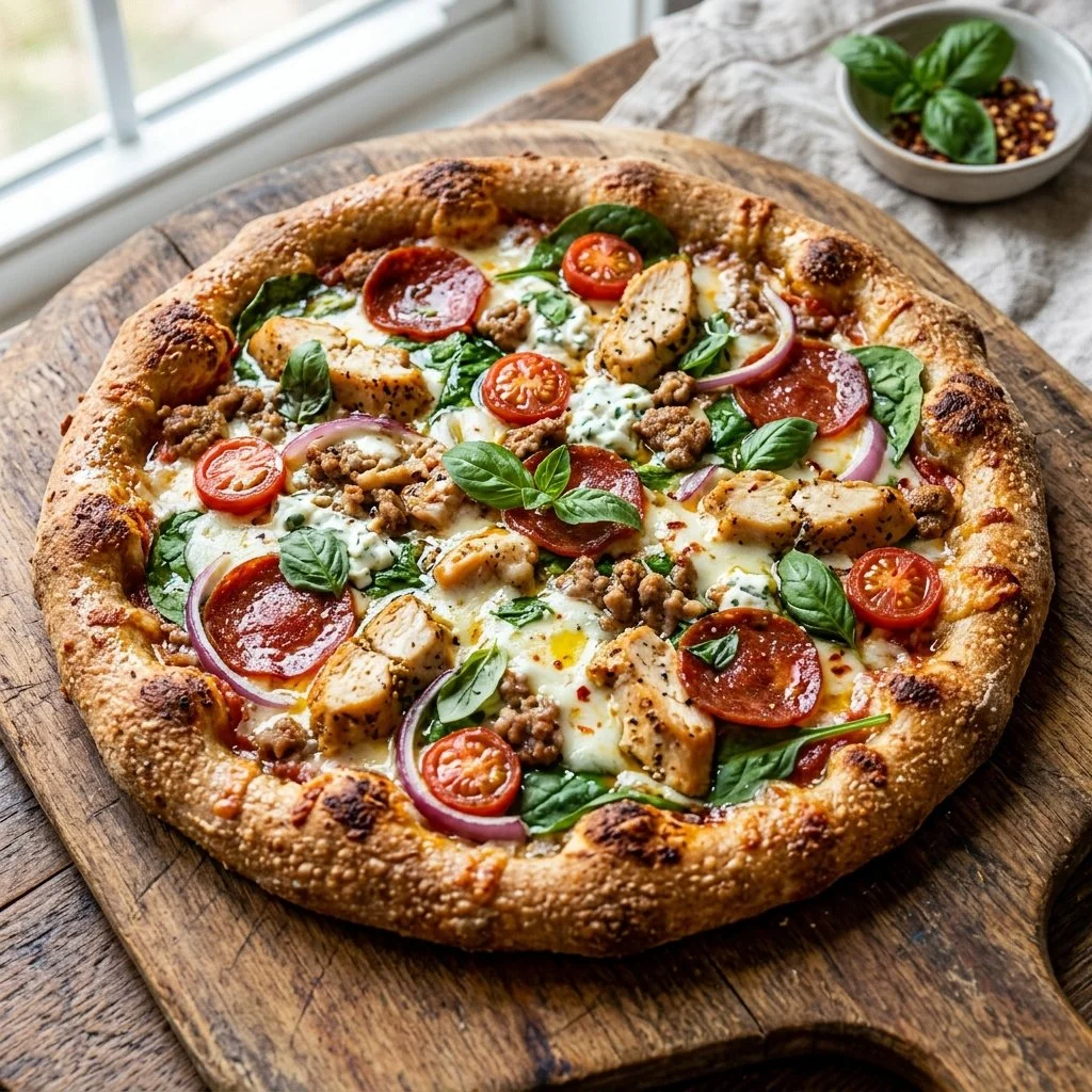 Delicious high protein pizza topped with fresh ingredients
