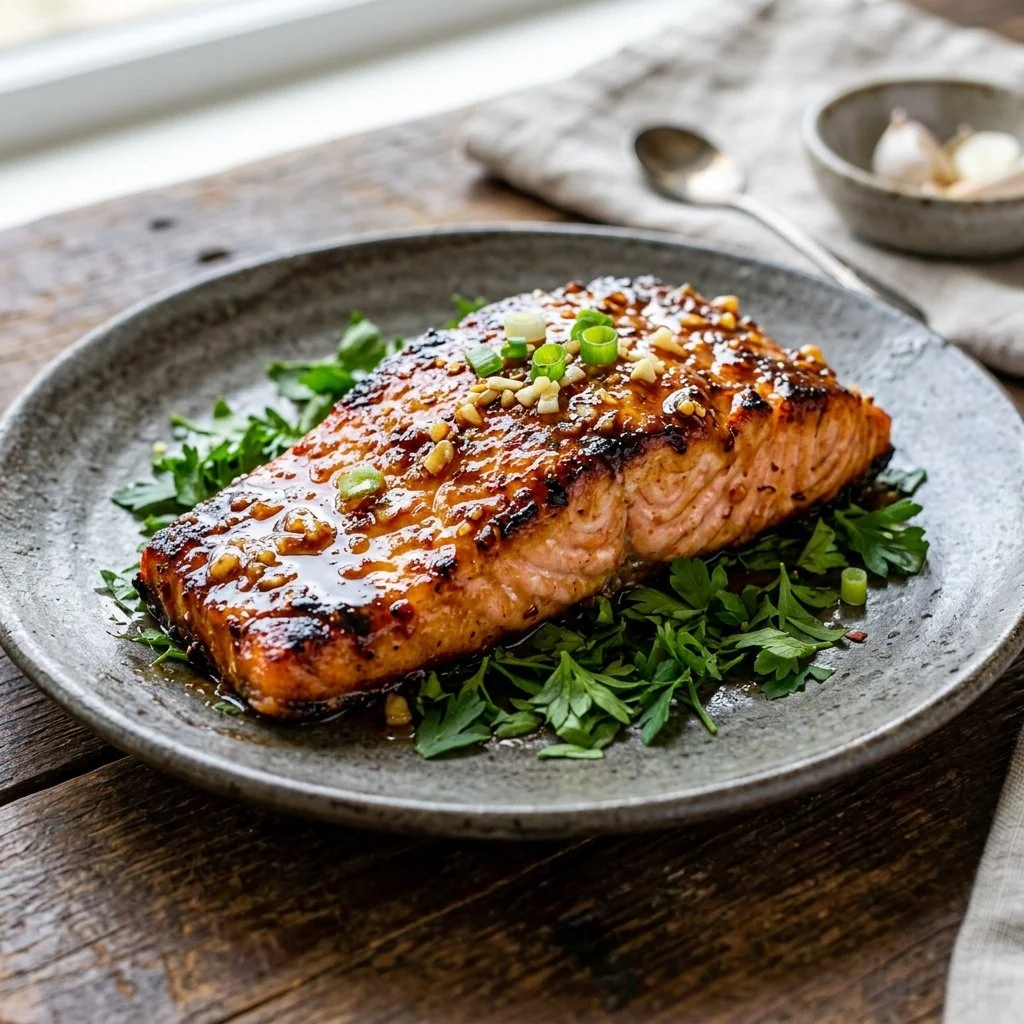 Plate of honey garlic glazed salmon garnished with green onions