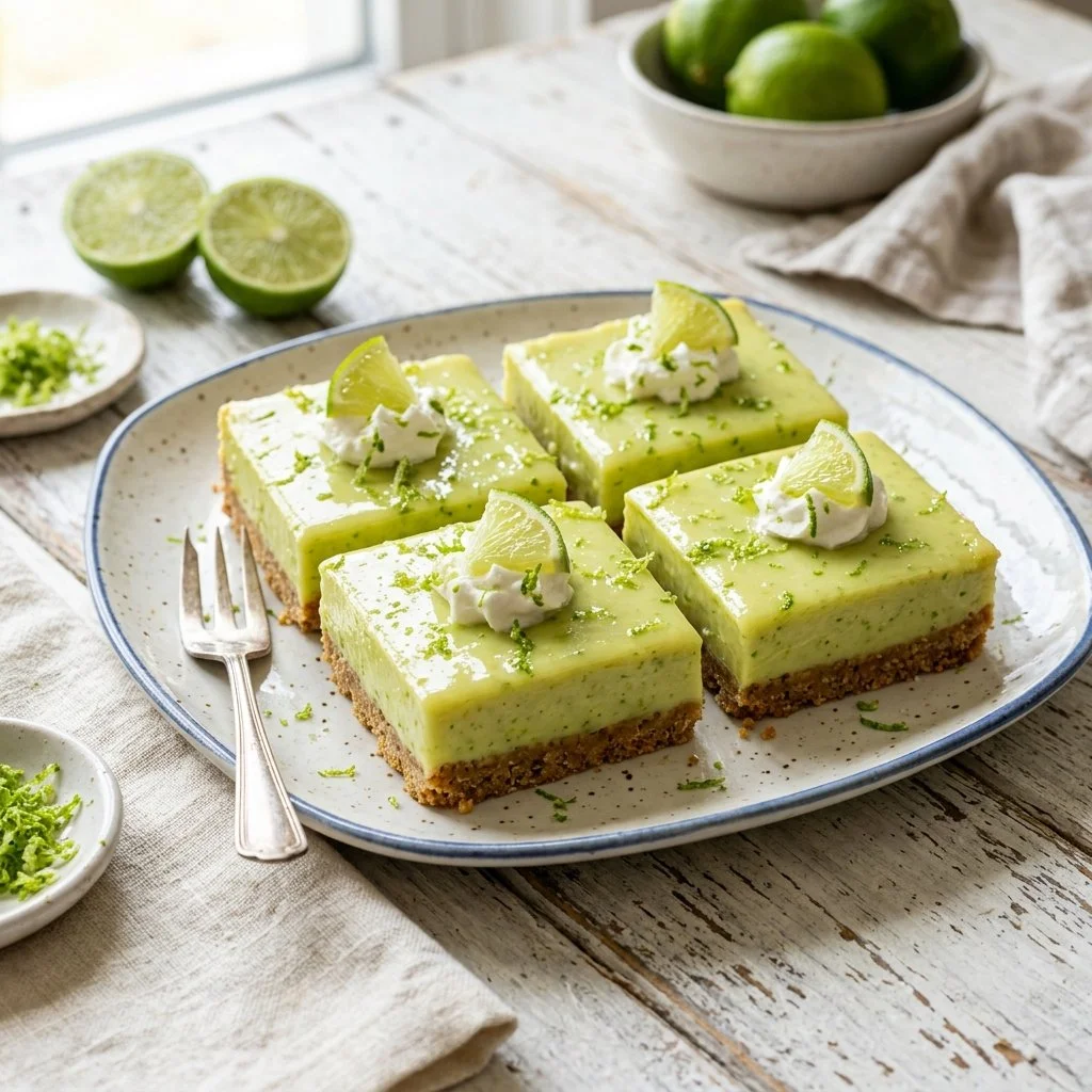 Delicious Key Lime Pie Bars garnished with lime slices and whipped cream