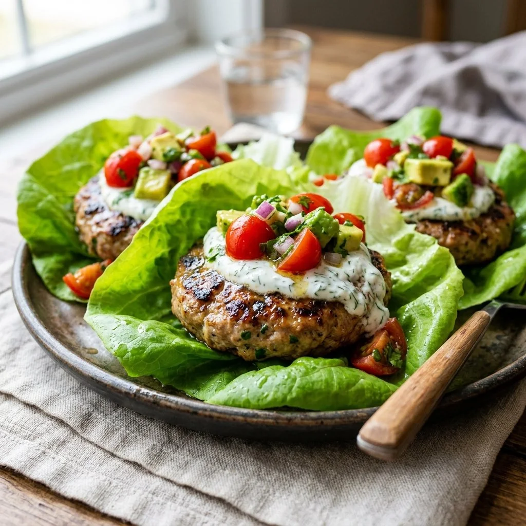 Healthy lean turkey burger lettuce wraps served on a plate.