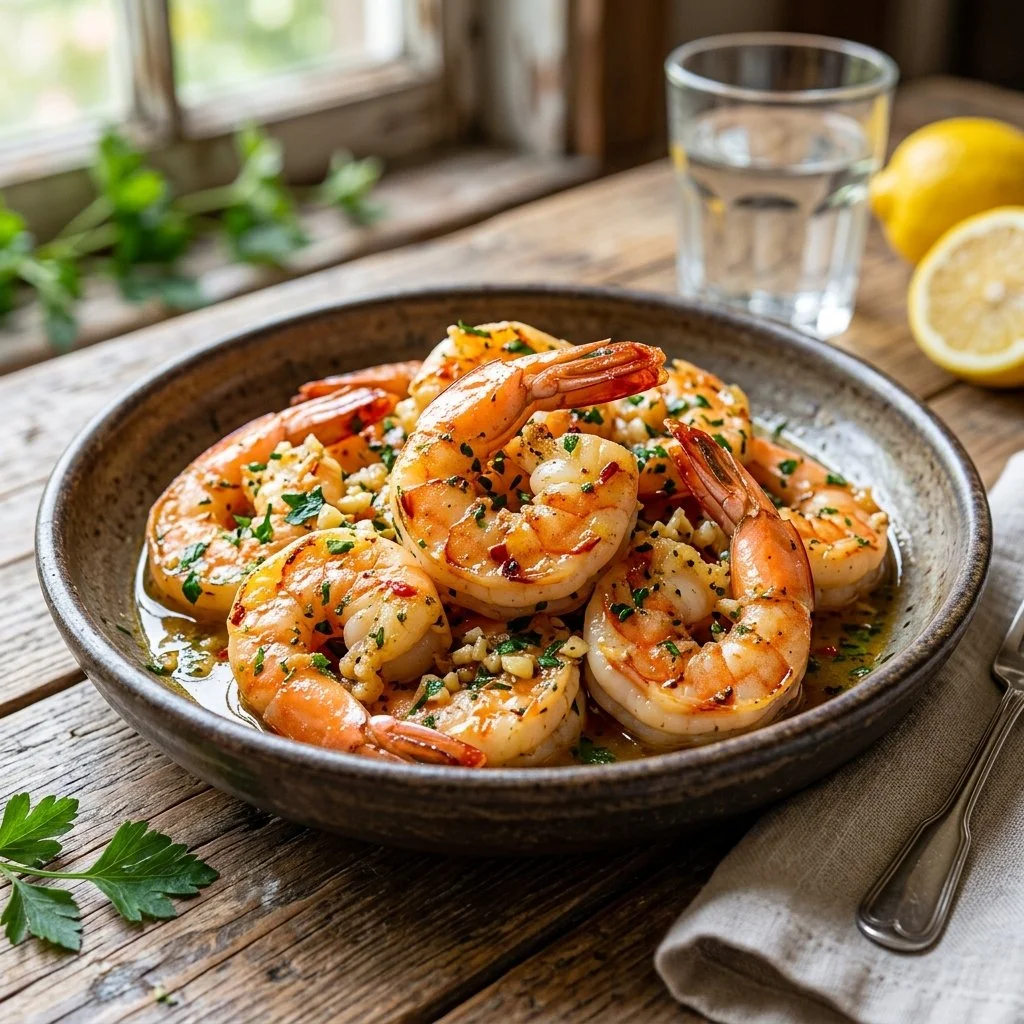 Crispy lemon garlic shrimp served on a plate with fresh herbs.