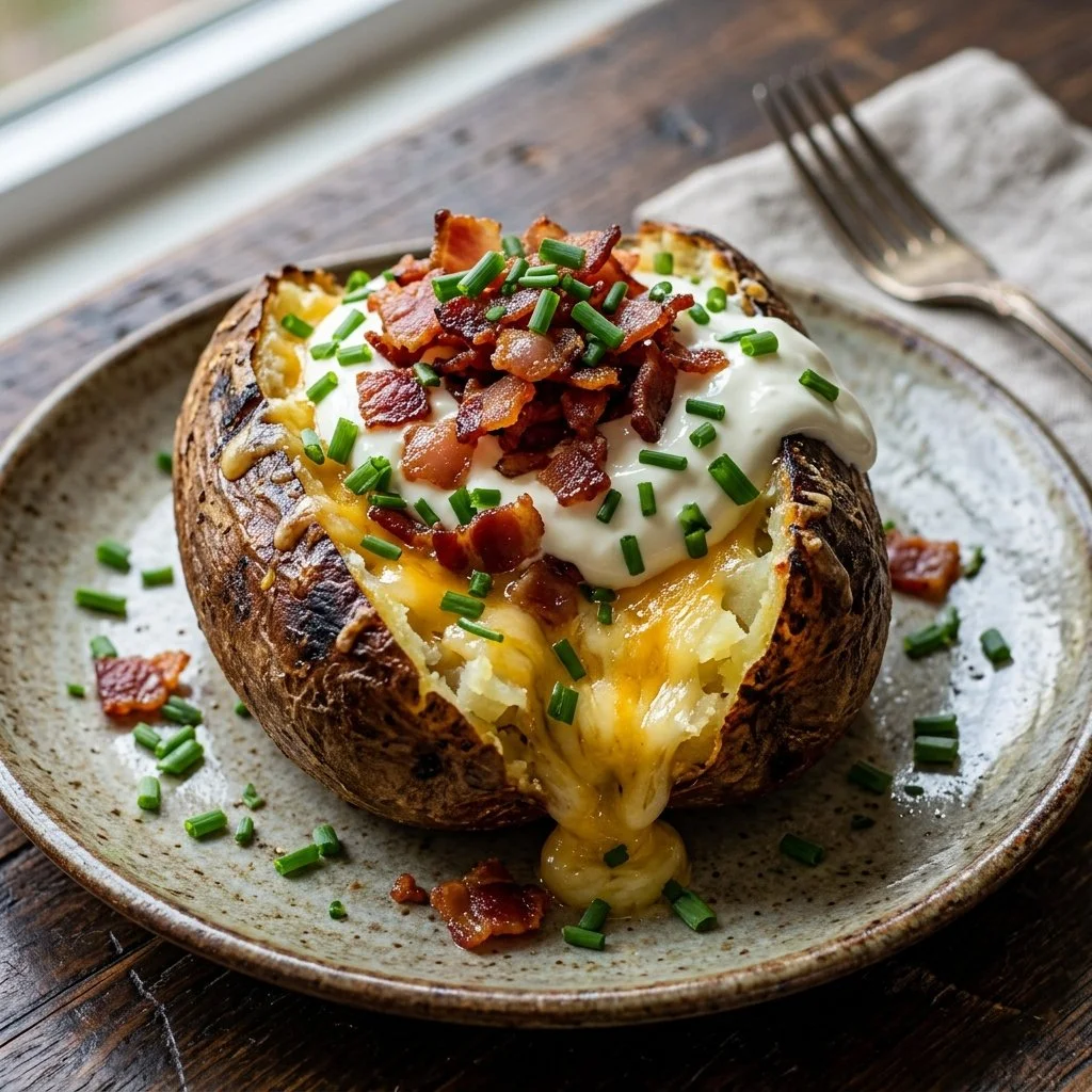 Deliciously loaded baked potatoes topped with cheese, bacon, and sour cream.