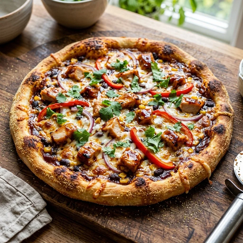 Loaded BBQ Chicken Pizza with barbecue sauce, chicken, and fresh toppings