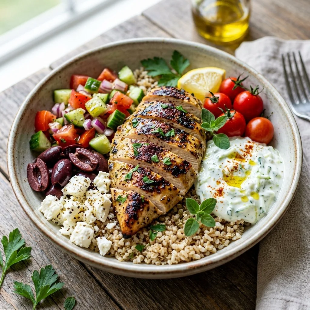 Colorful Mediterranean Chicken Bowls with fresh vegetables and herbs