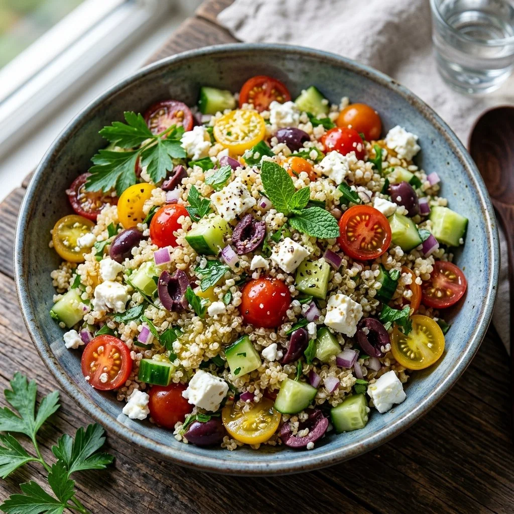 Colorful Mediterranean Quinoa Salad with fresh vegetables and herbs