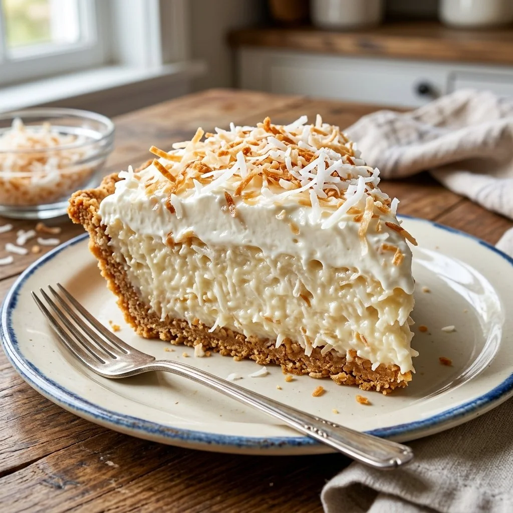 Delicious no-bake coconut cream pie topped with whipped cream and coconut flakes