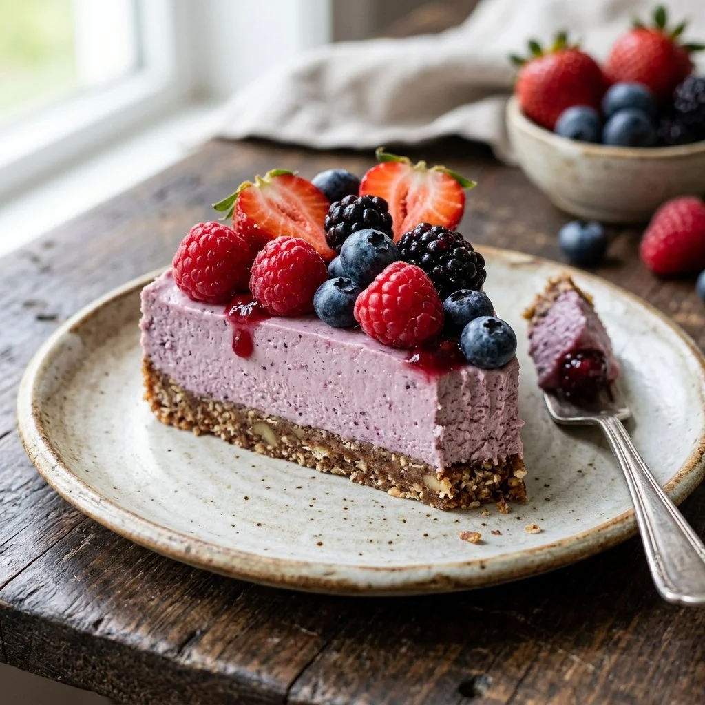 Delicious no bake healthy berry cheesecake topped with fresh berries.