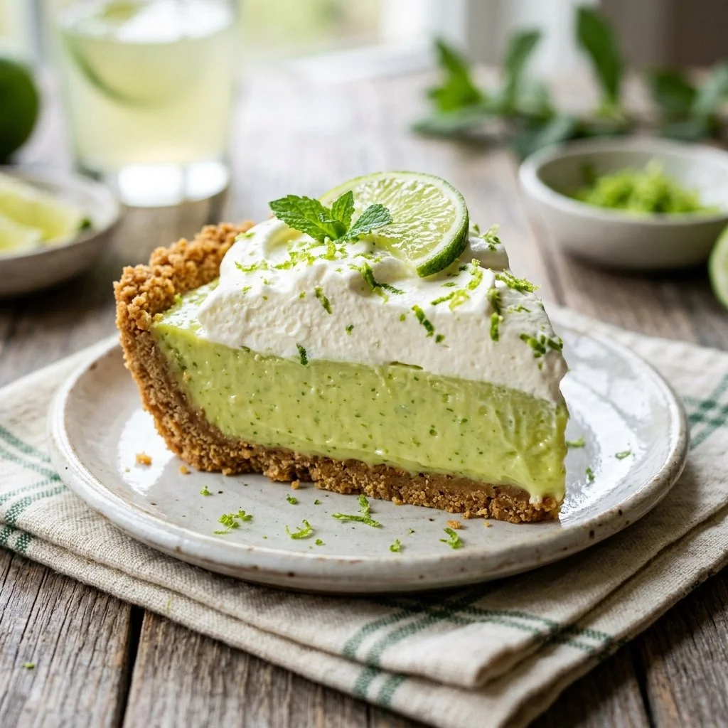 No-bake key lime pie topped with whipped cream and lime slices