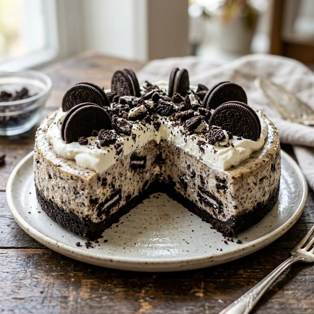 Delicious No Bake Oreo Cheesecake topped with crushed Oreos