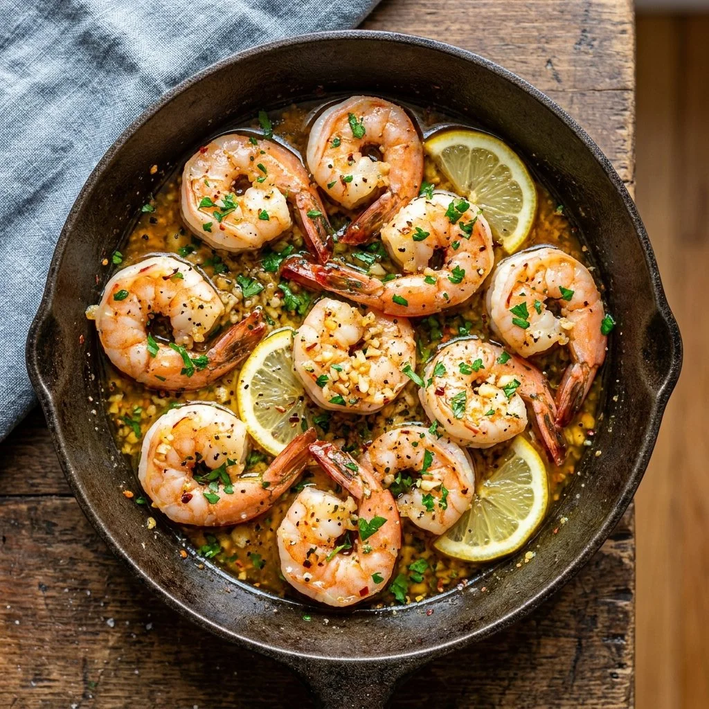 Delicious one pan lemon garlic shrimp dish ready to serve