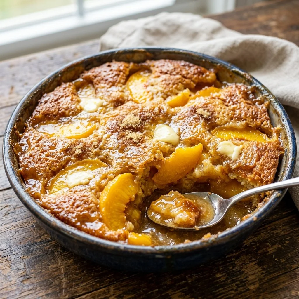 Delicious Peach Cobbler Dump Cake served in a vibrant dish.