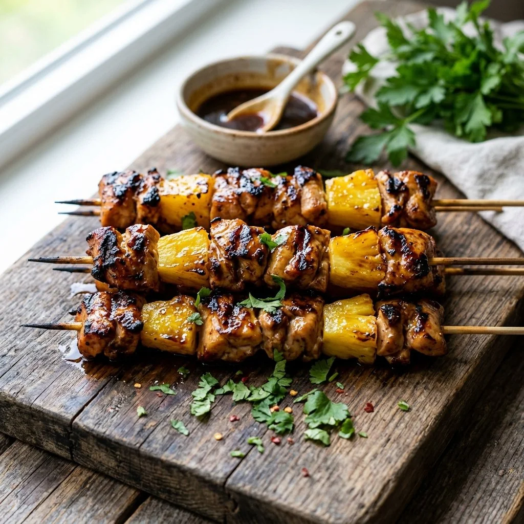 Grilled pineapple chicken skewers with vibrant vegetables on a plate