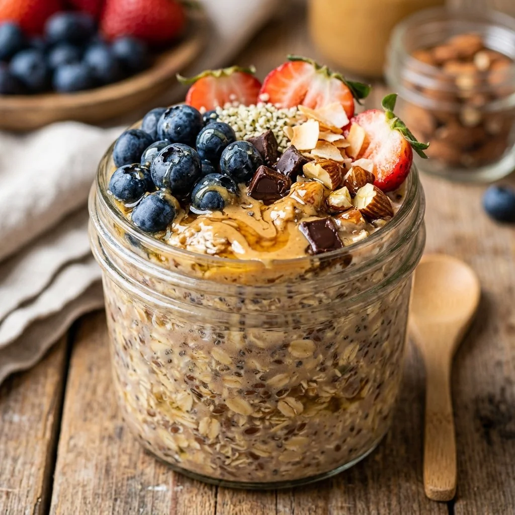 Bowl of Protein Overnight Oats topped with fruits and nuts