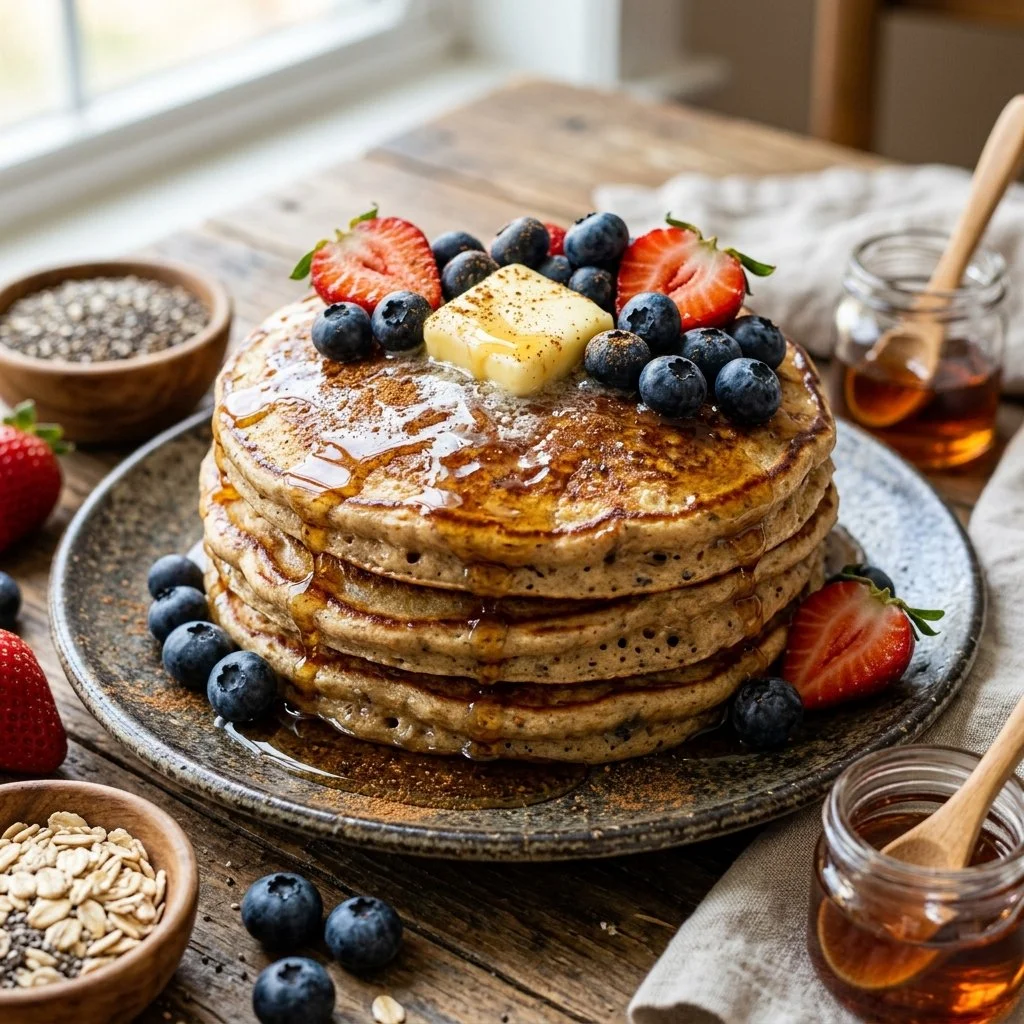 Plate of fluffy protein pancakes topped with fresh fruits