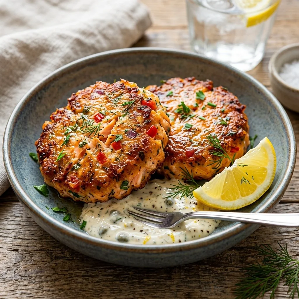 Crispy airfryer salmon patties served on a plate with lemon and herbs