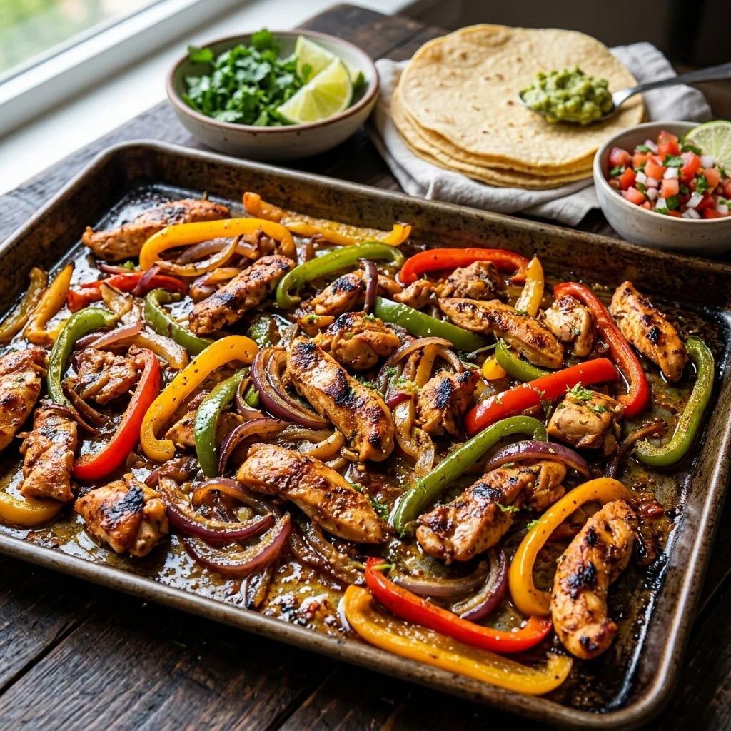 Colorful sheet pan fajitas with bell peppers and chicken ready to serve.