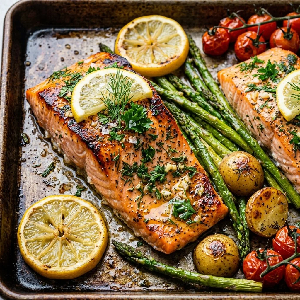 Sheet Pan Lemon Herb Salmon garnished with fresh herbs and lemon slices.