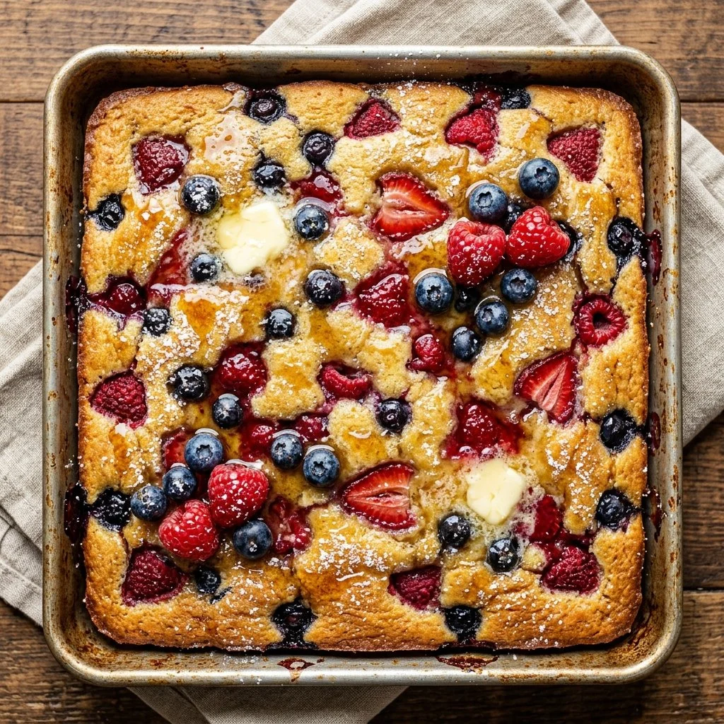 Delicious sheet pan pancake bake topped with fresh berries and syrup