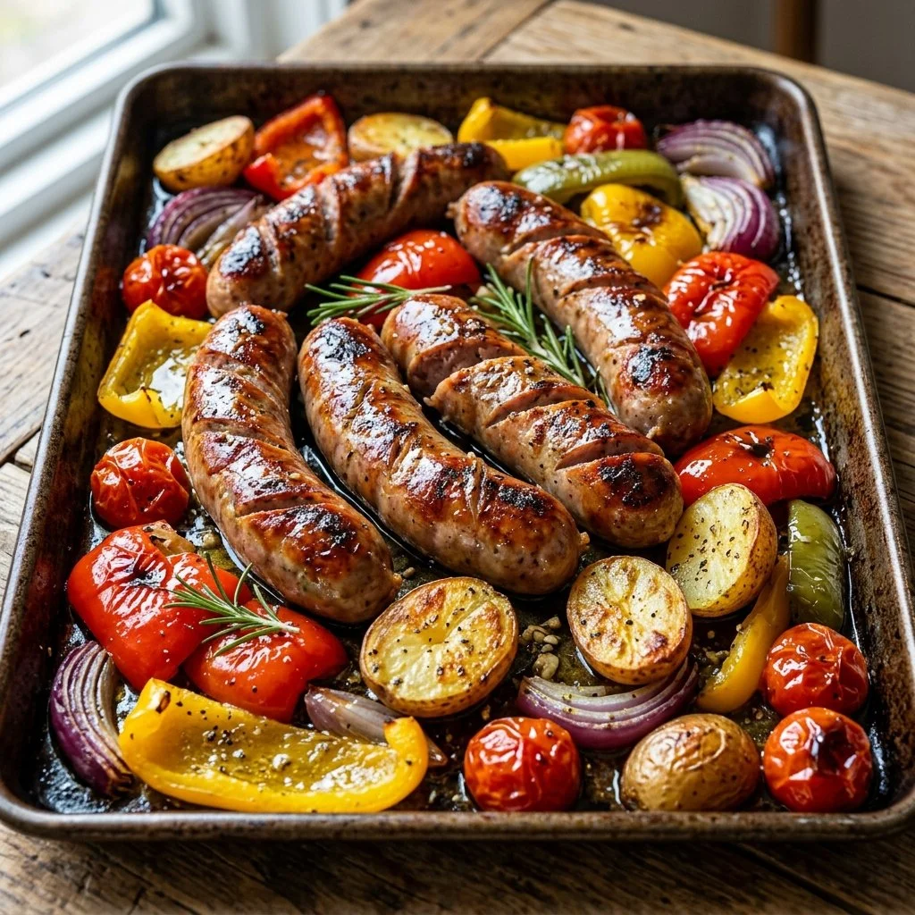 Delicious sheet pan sausage with colorful vegetables and spices ready to serve.