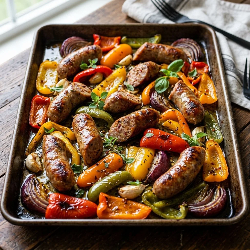Delicious sheet pan sausage peppers ready to serve