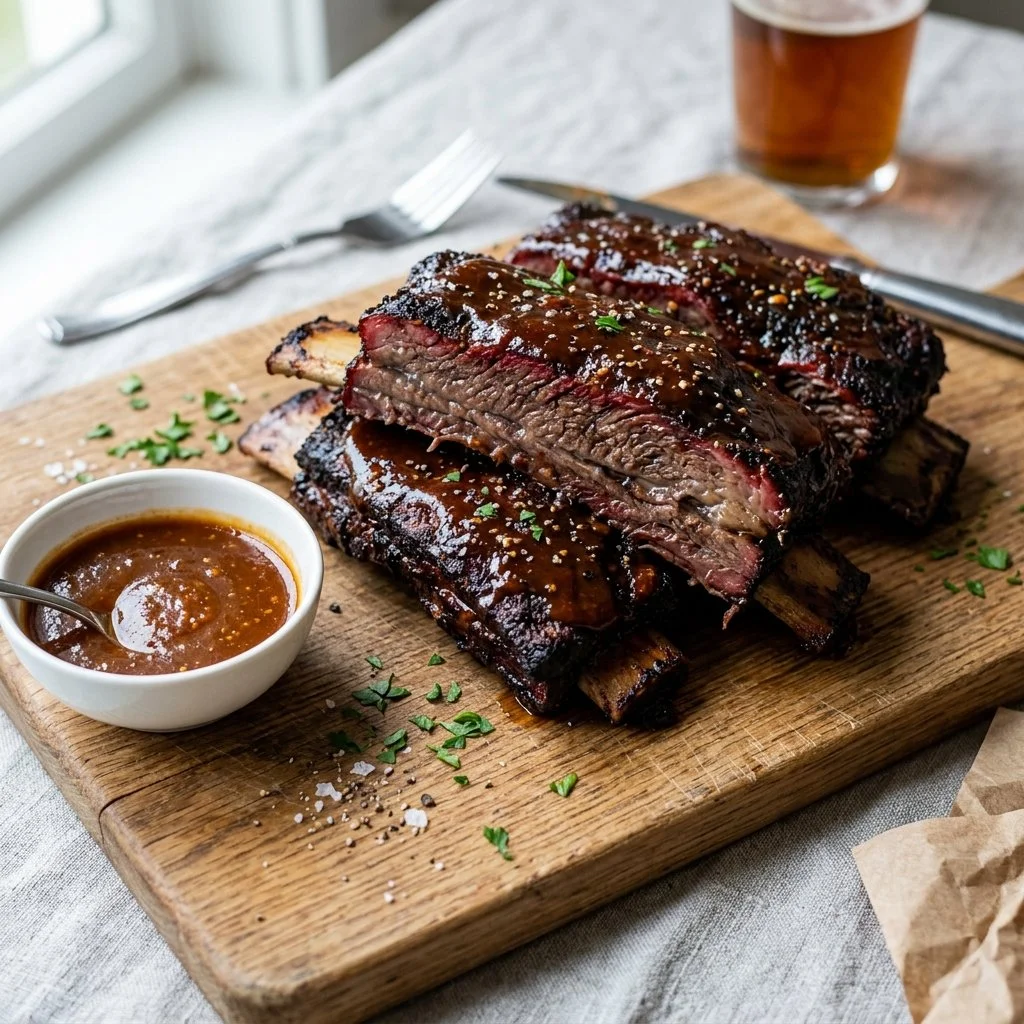 Delicious smoked BBQ beef ribs on a grill, ready to serve.