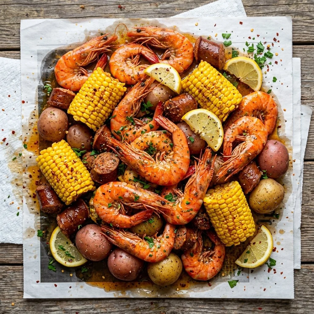 A delicious spread of spicy Cajun shrimp boil with potatoes and corn in a large pot.