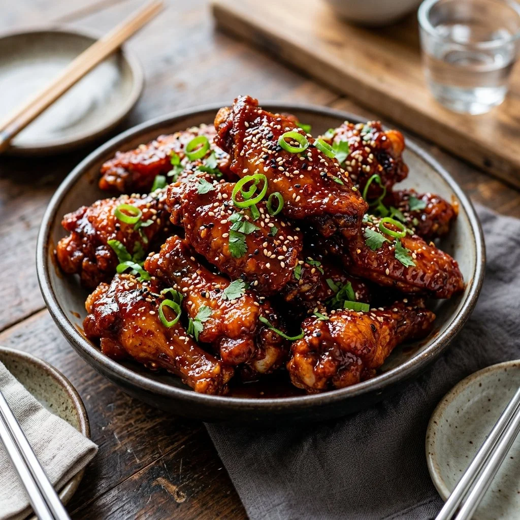 Spicy Korean Gochujang Wings garnished with sesame and green onions