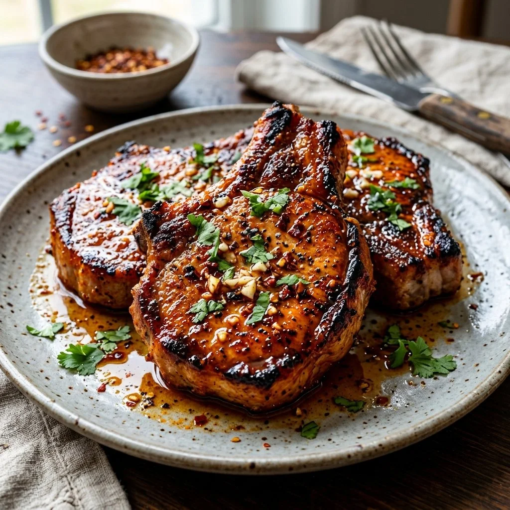 Juicy spicy pork chops served with sides on a plate
