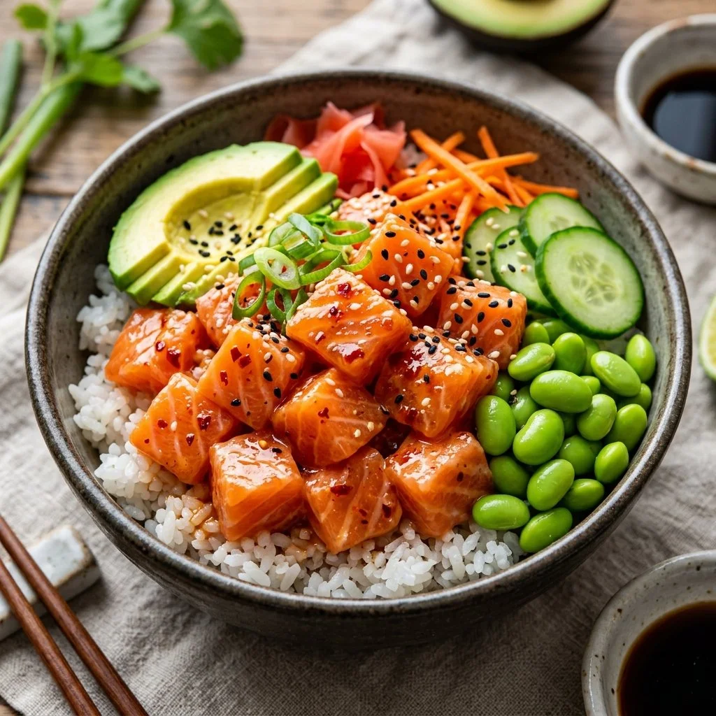A vibrant spicy salmon bowl with fresh vegetables and rice, garnished with herbs.