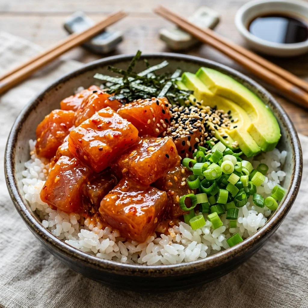 Delicious spicy tuna bowl with fresh vegetables and rice